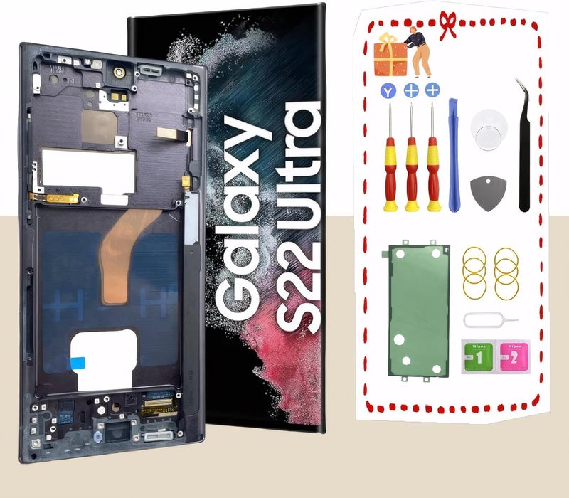 LNONLS Store شاشة عرض OLED لجهاز سامسونج جالاكسي S22 ألترا 5G - مجموعة استبدال شاشة LCD لجهاز سامسونج S22 ألترا مع أدوات الإطار S908U S908A النسخة الأمريكية (أسود) - Image 1